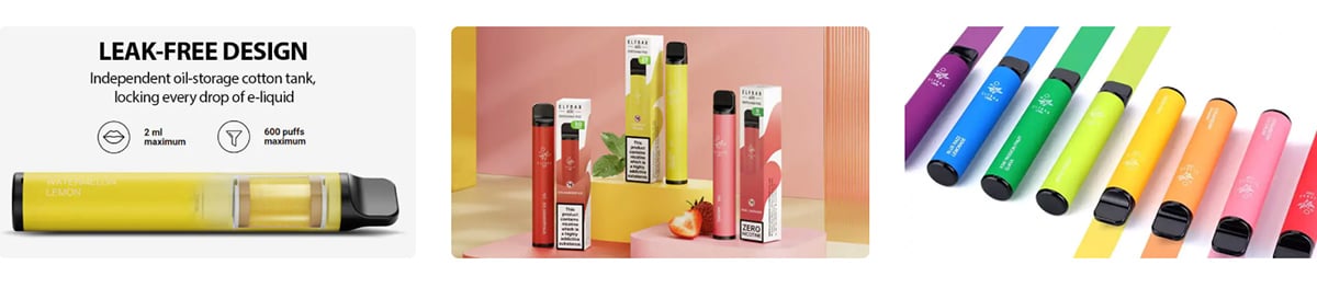 A series of banners showing a range of different colour Elf Bar 600 disposable vapes, including the title leak-free design.