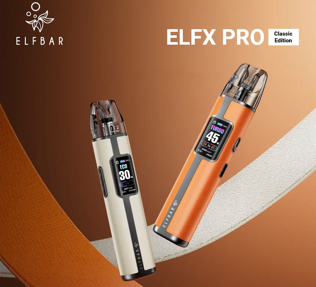 A Elf Bar ELFX Pro Classic Edition poster, showing two devices floating on an orange background.