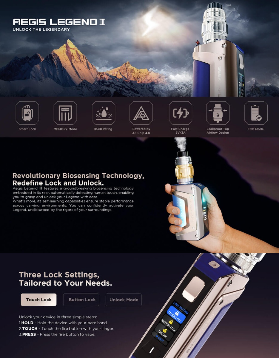 A promotional poster explaining the different features of the Geekvape Aegis Legend 3 kit, such as offering smart lock or IP67 rating protection.