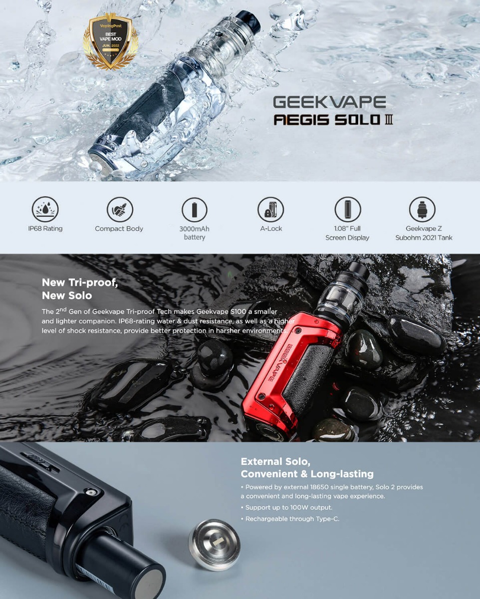 A light grey coloured series of images that explains the different features of the Geekvape Aegis Solo 3 kit, such as IP68 rating protection.