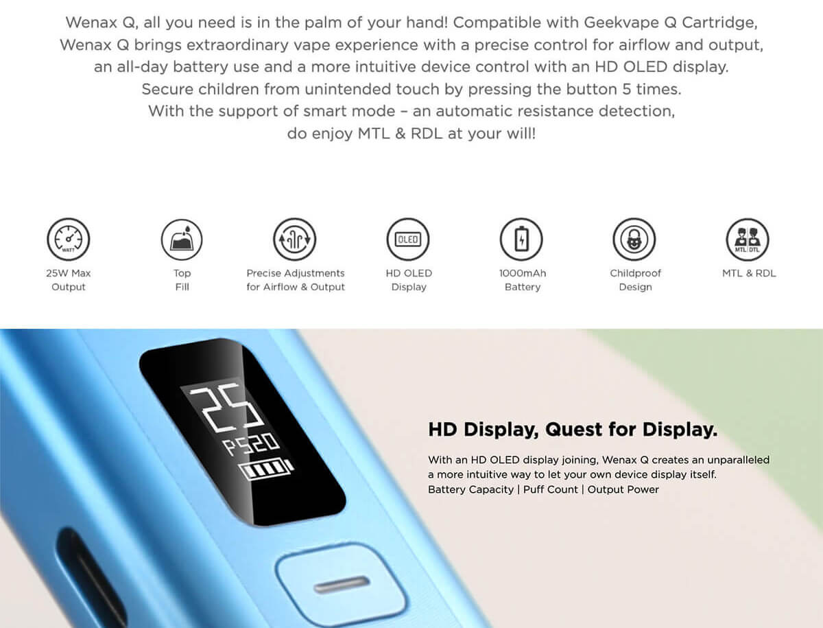 A promotional banner which shows the features of the Geekvape Wenax Q pod kit, such as its battery size.