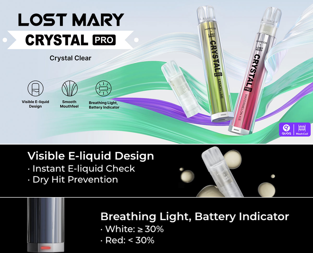 A series of images that highlight the features of the Hawcos x Lost Mary Crystal Pro pod vape kit. A series of images that highlight the features of the Hawcos x Lost Mary Crystal Pro pod vape kit.