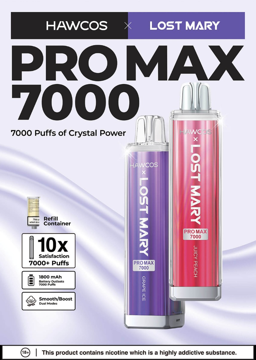 A poster stating ‘Hawcos x Lost Mary Pro Maxx 7000 Puffs of crystal power’ on a light purple background.