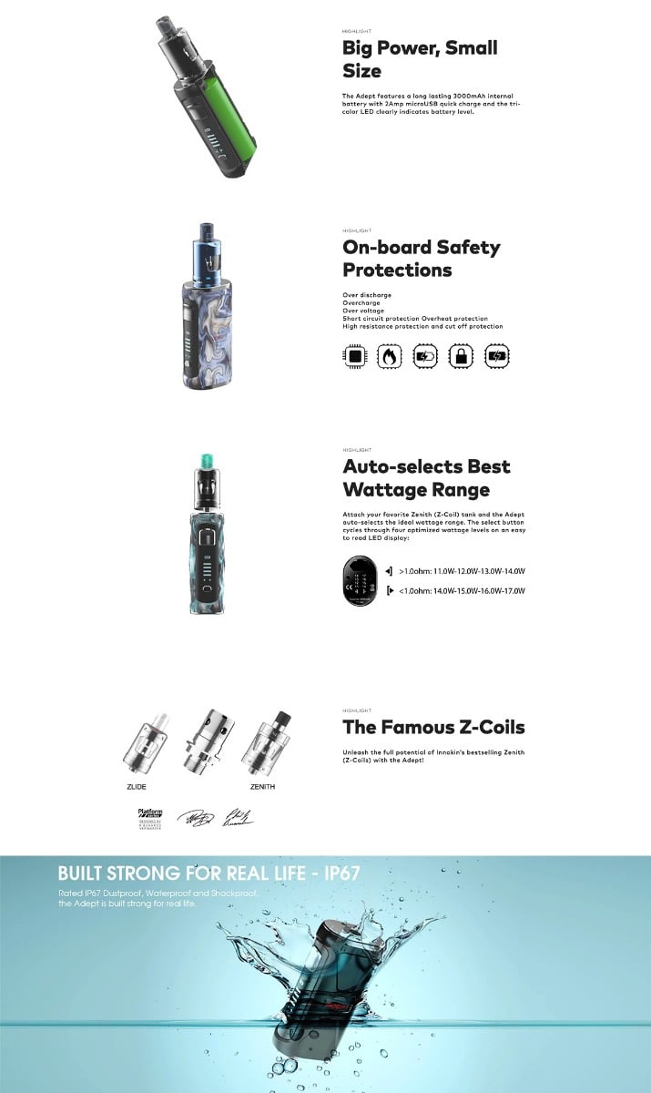 An image from Innokin showing the Adept Zlide features such as battery size, safety protections and more.