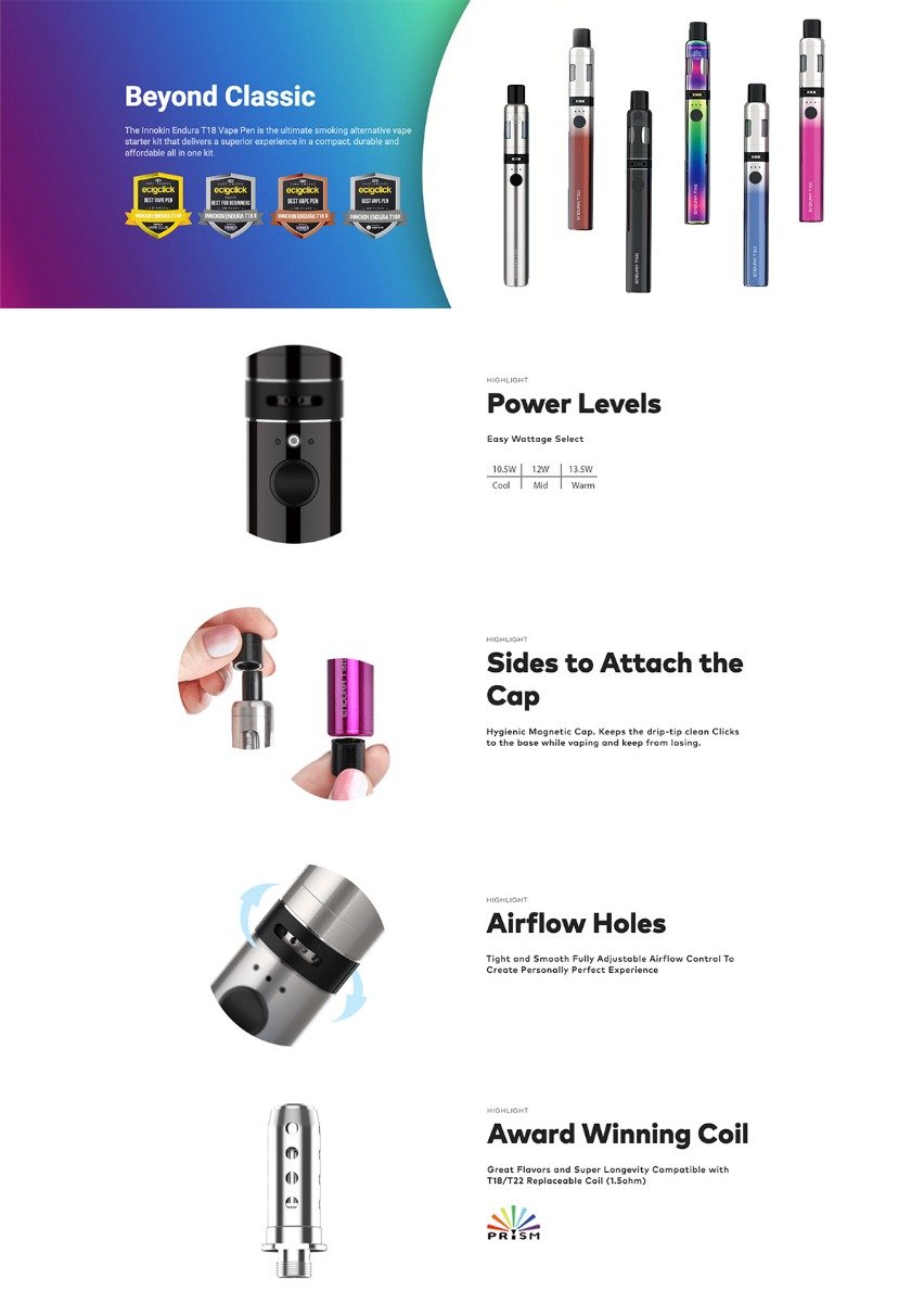 A poster for the Innokin Endura T18 ii which highlights awards won and features available in the kit