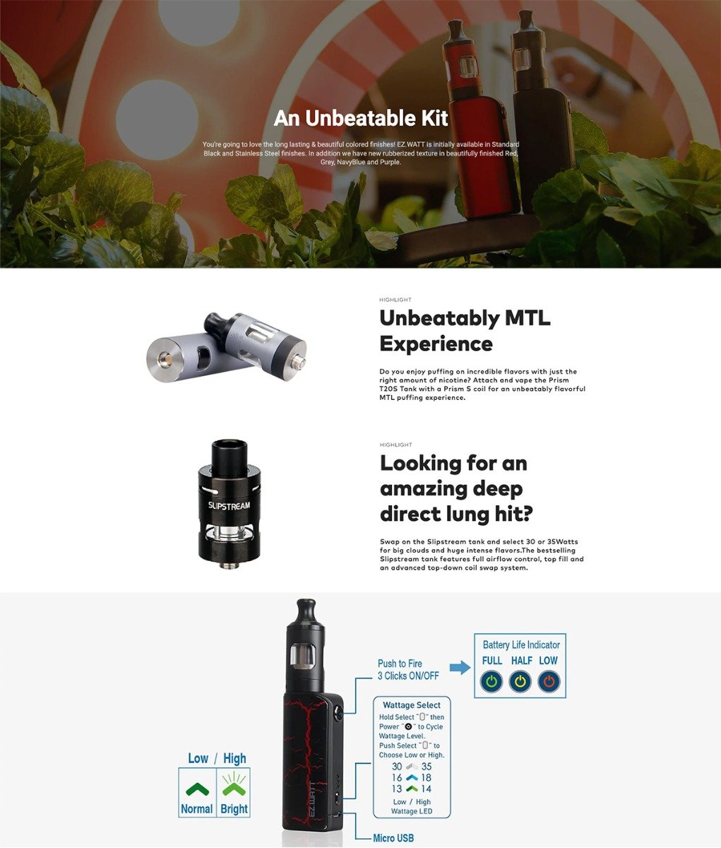 Four images which highlight the features of the Innokin EZ.WATT vape kit, on a white background.