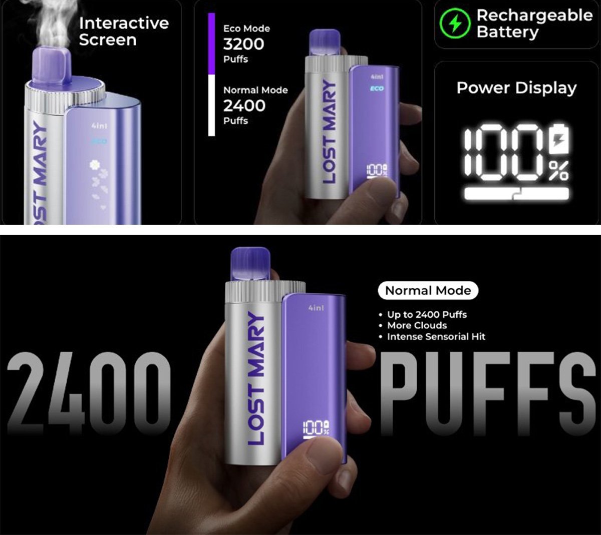 Two images which highlights the Lost Mary 4in1 pod kits interactive screen, operating modes, power display screen and total puff count.