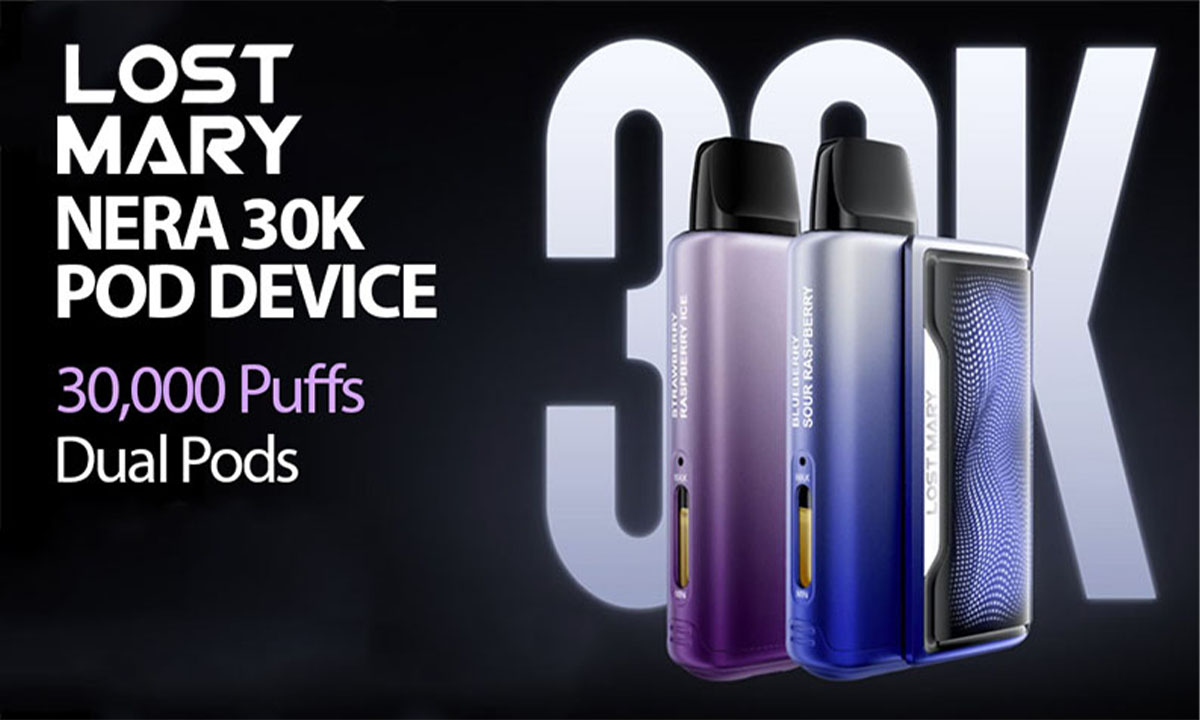 An image displaying two Lost Mary Nera 30K Fullview pod vape kits on a black background.