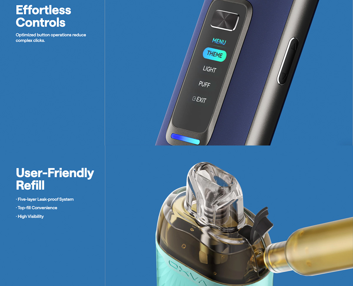 An OXVA XLIM Pro 2 promotional banner which advertises the features of the pod kit, including the built-in battery and benefits VS its predecessor.