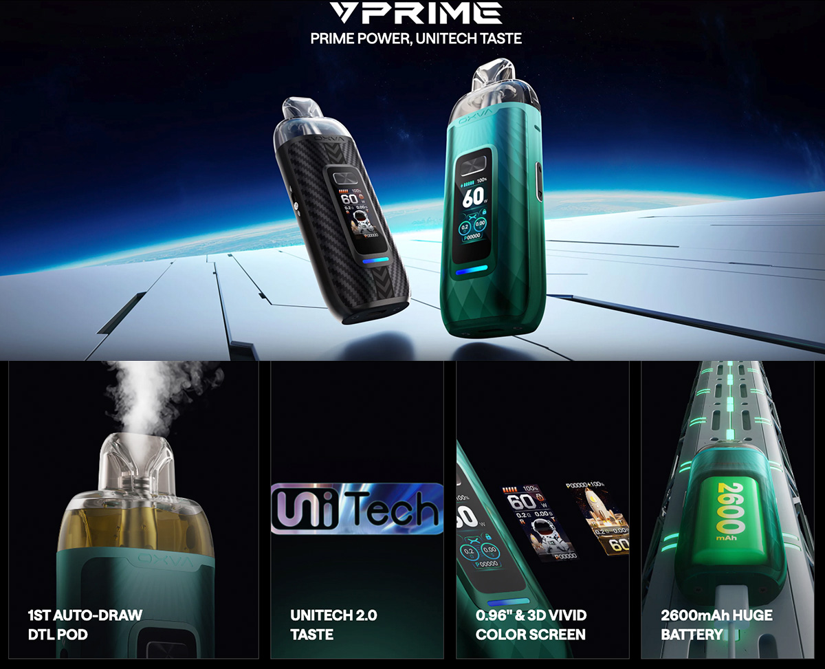 An OXVA XLIM Pro 2 promotional banner which advertises the features of the pod kit, including the built-in battery and benefits VS its predecessor.