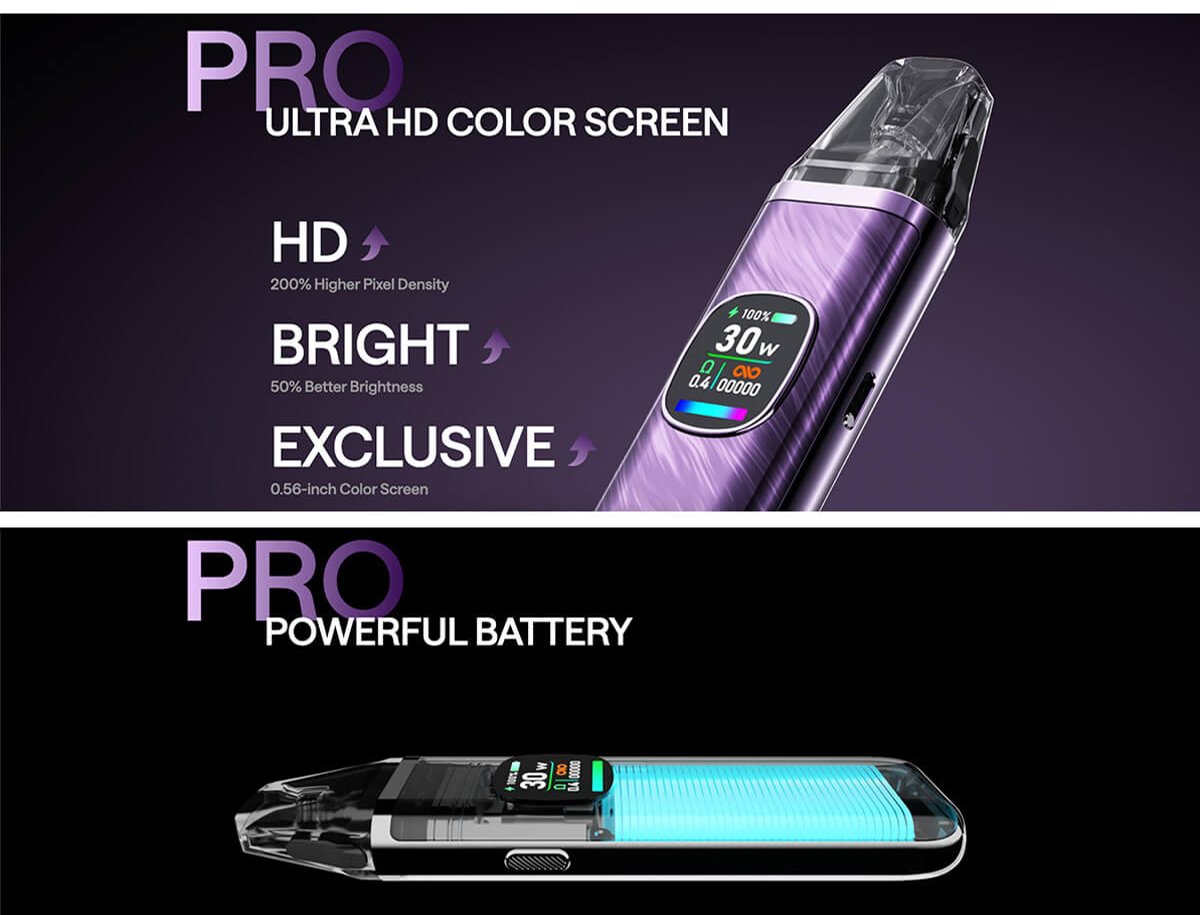 An OXVA XLIM Pro 2 promotional banner which advertises the features of the pod kit, including the built-in battery and benefits VS its predecessor.