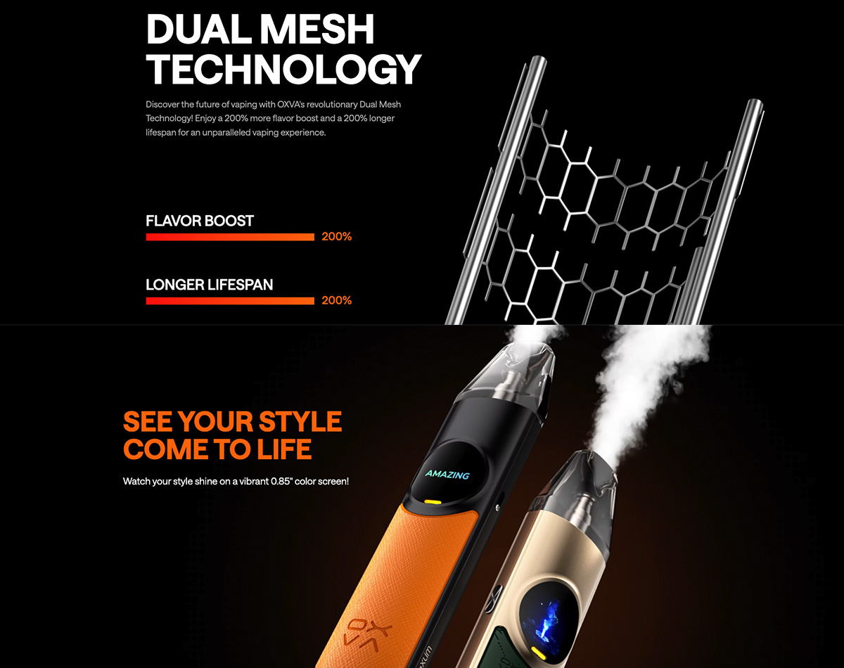 A branded poster from OXVA for the ZeXLIM pod kit, showcasing the devices main features including dual mesh technology, boost & eco modes, a 0.85’’ colour screen and more.