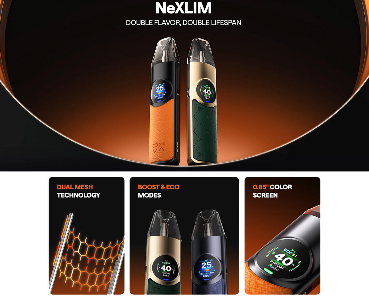 A branded poster from OXVA for the ZeXLIM pod kit, showcasing the devices main features including dual mesh technology, boost & eco modes, a 0.85’’ colour screen and more.