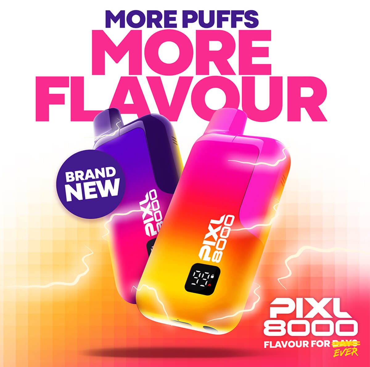 A poster of the PIXL 8000 pod vape kit on a light orange background. A poster of the PIXL 8000 pod vape kit on a light orange background.