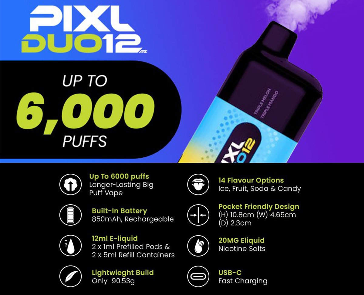 An image which shows the features of the PIXL Duo 12 pod vape kit, such as offering up to 6,000 puffs.