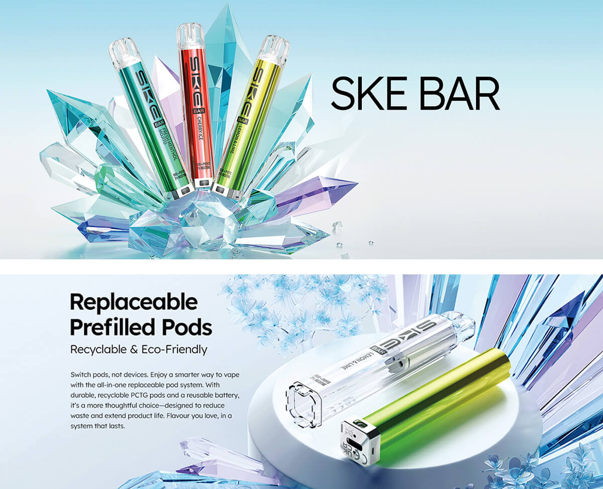 A poster which shows the SKE Bar pod vape kit on a light blue and crystal effect background. A poster which shows the SKE Bar pod vape kit on a light blue and crystal effect background.