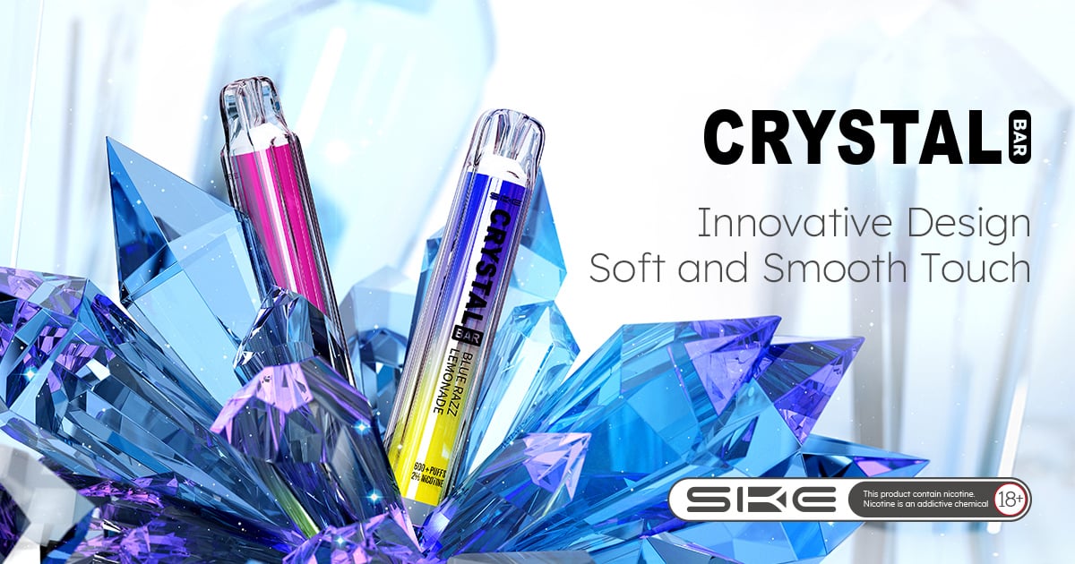 An image which shows two SKE Crystal Bar disposable vapes on a blue crystal background, with the Crystal bar logo in the top right