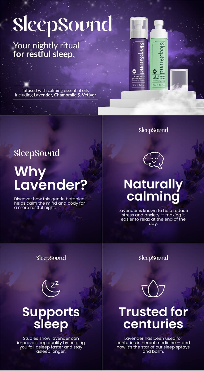 A series of images that explain the benefits of using lavender infused SleepSound products. A series of images that explain the benefits of using lavender infused SleepSound products.