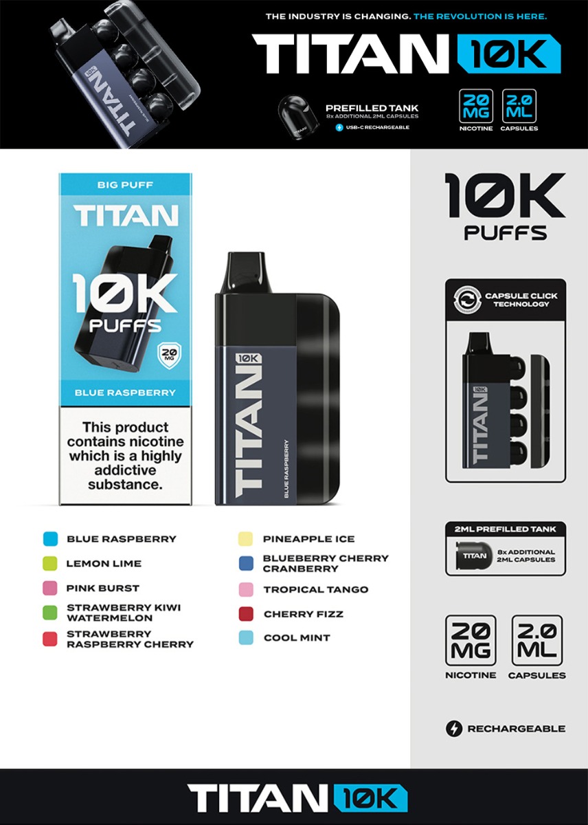 A promotional banner of the Titan 10K rechargeable disposable vape, with the words: The industry is changing. The revolution is here.