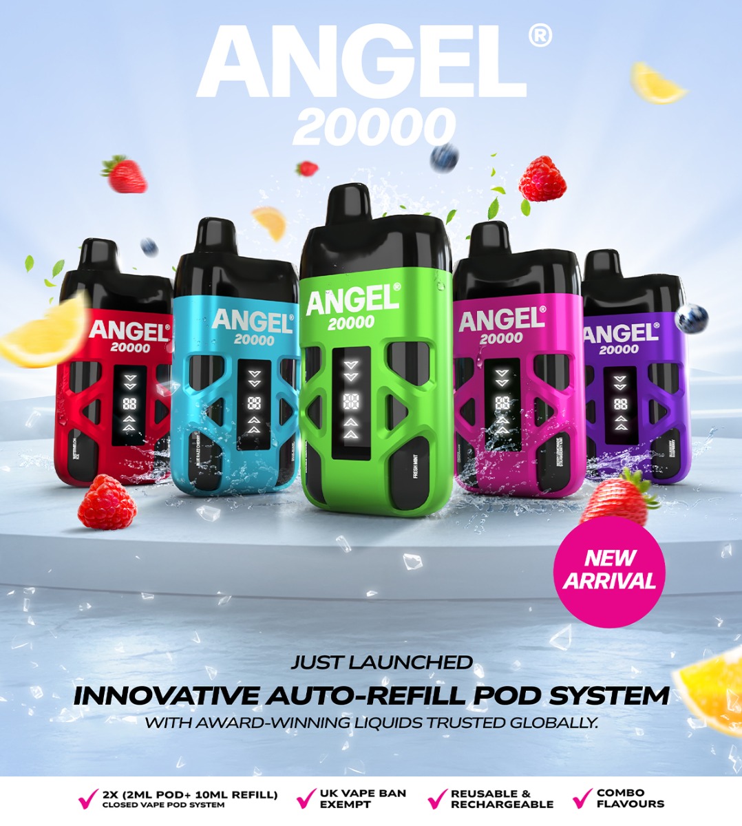 A poster advertising the Vape Bars Angel 20000 pod vape kit, on a light blue background. A poster advertising the Vape Bars Angel 20000 pod vape kit, on a light blue background.