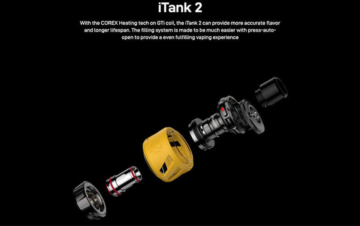 A poster, consisting of several images, highlighting the features of the Vaporesso Armour Max vape kit, on a black background.