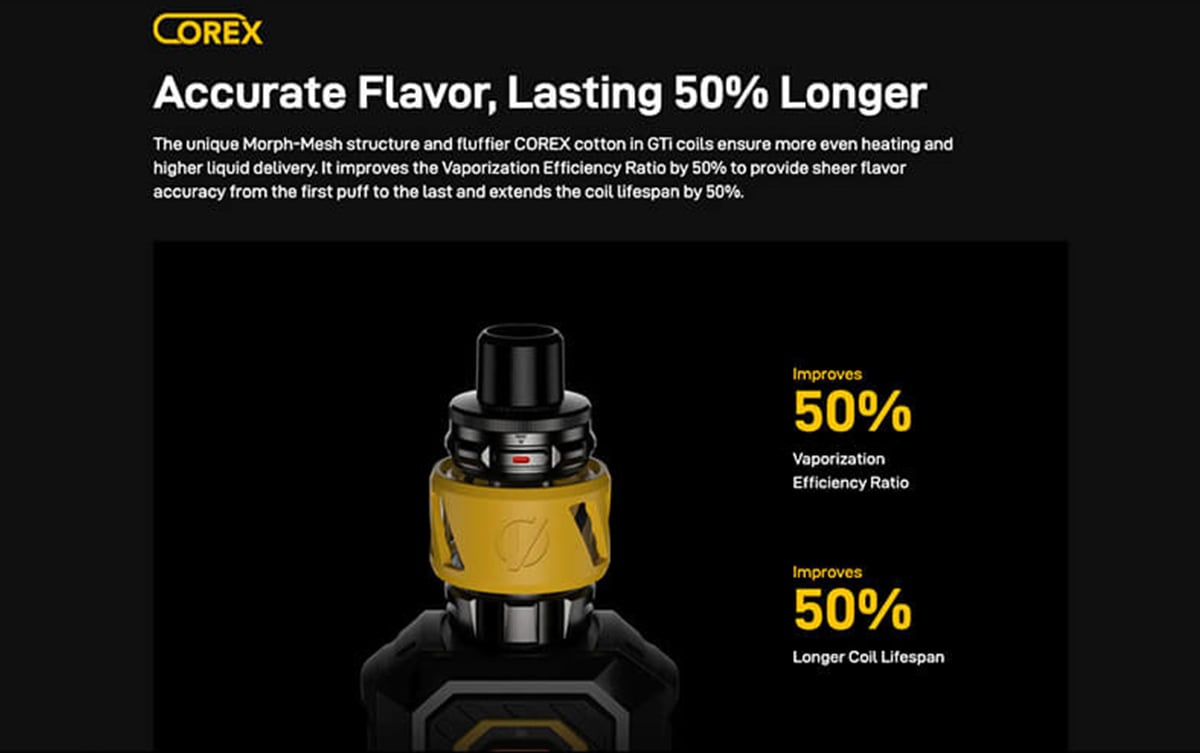 A poster, consisting of several images, highlighting the features of the Vaporesso Armour Max vape kit, on a black background.