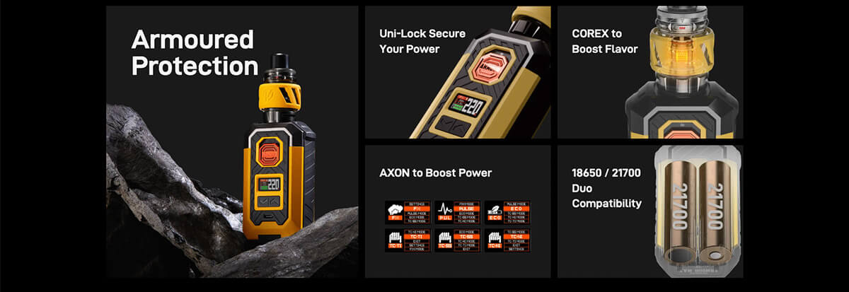 A poster, consisting of several images, highlighting the features of the Vaporesso Armour Max vape kit, on a black background.