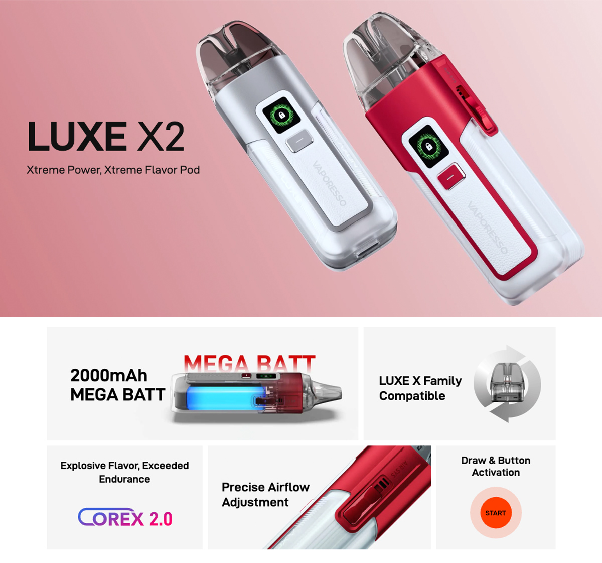 Another poster from Vaporesso highlighting the LUXE X2 pod kit features.