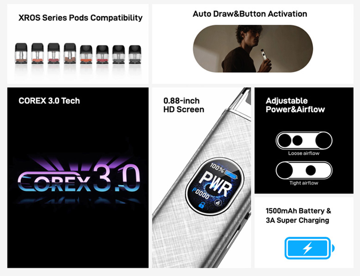 An image which display the Vaporesso XROS 5 pod vape kits key features, such as XROS pod compatible. An image which display the Vaporesso XROS 5 pod vape kits key features, such as XROS pod compatible.