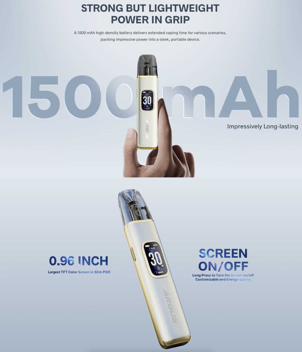 An image that shows the features of the VOOPOO Argus G3 pod vape kit, on a dark black and blue background. An image that shows the features of the VOOPOO Argus G3 pod vape kit, on a dark black and blue background.