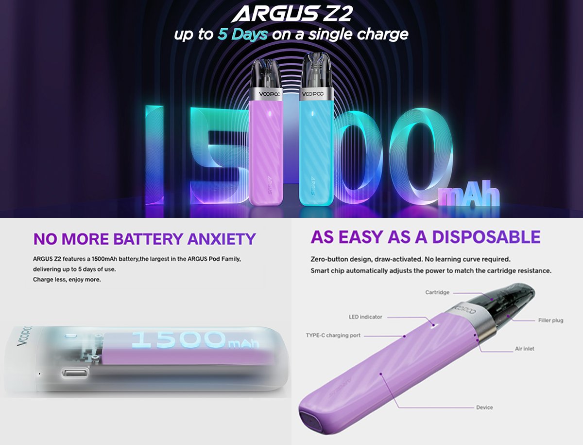 A poster which displays the VOOPOO Argus Z2 pod vape kits features, such as 7 safety protections and ‘up to 5 days on a single charge’ written in white font at the top.