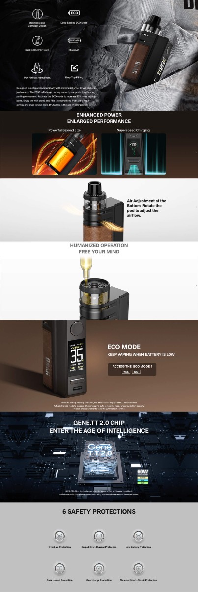 A product information poster for the VOOPOO Drag E60 pod kit, displaying the devices features.