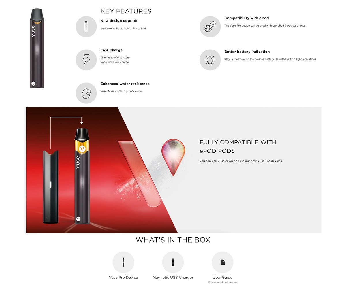 An image which explains the Vuse Pro device kits features and what is included in the box.